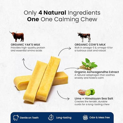 A product infographic for a calming chew supplement. The image shows two yellow-beige rectangular chews on a white background, surrounded by callout graphics and text detailing the ingredients: Organic Yak's Milk, Organic Cow's Milk, Organic Ashwagandha Extract, and Lime + Himalayan Sea Salt.