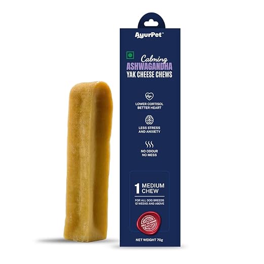 A single AyurPet Calming Ashwagandha Yak Cheese Chew stands upright next to its dark blue retail packaging box on a plain white background.