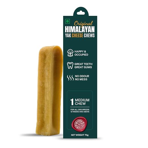 A single Himalayan yak cheese chew dog toy stands next to its dark green retail packaging box on a plain white background. The packaging features white and gold text and icons describing the product benefits.