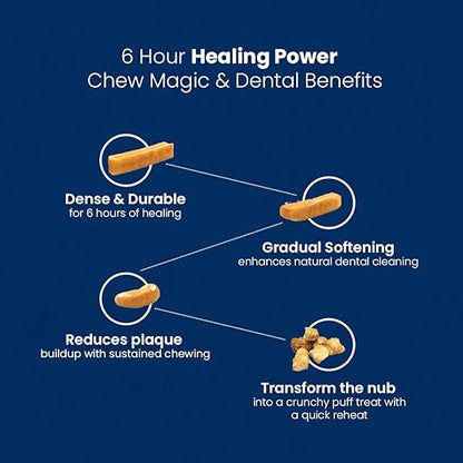 A dark blue promotional graphic for dog dental chews with white text and small illustrations of chew sticks and chew pieces. The headline reads '6 Hour Healing Power Chew Magic & Dental Benefits,' with four benefit callouts: 'Dense & Durable for 6 hours of healing,' 'Gradual Softening enhances natural dental cleaning,' 'Reduces plaque buildup with sustained chewing,' and 'Transform the nub into a crunchy puff treat with a quick reheat.