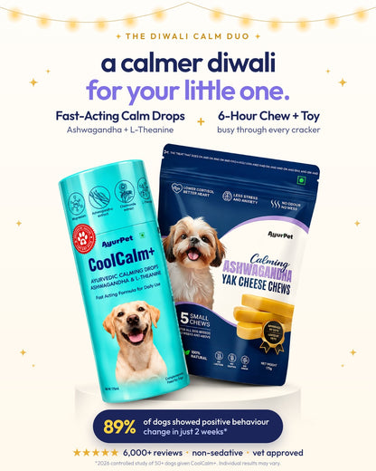 The Diwali Calm Duo: a calmer Diwali for your little one. Fast-acting CoolCalm+ calm drops with Ashwagandha and L-Theanine, plus a 6-hour Ashwagandha yak chew and toy. 89% of dogs showed positive behaviour change in 2 weeks.